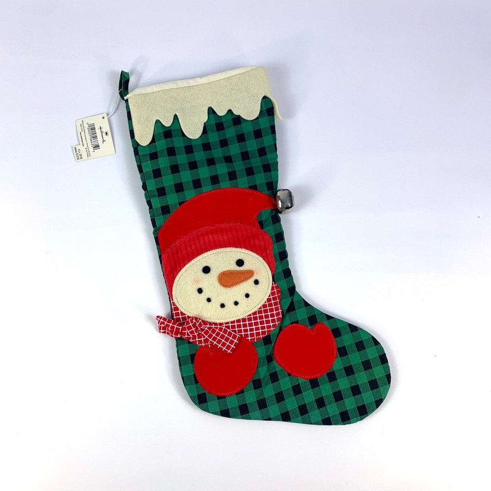 VTG Hallmark Snowman Christmas Stocking Green Buffalo Plaid Jingle Bell Red Hat